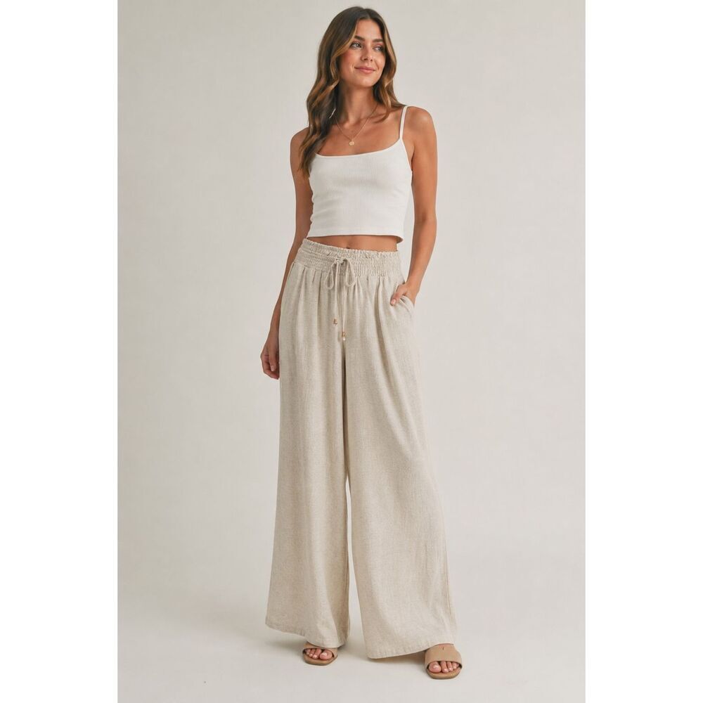 Allie Rose Linen Blend Wide Leg Pants Women’s Small Beige Boho Resort